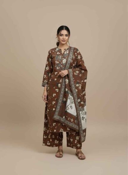Main Display: Gelani's brown 3pc unstitched khaddar suit with floral printed shirt and dupatta. Pattern Detail: Close-up of white and beige floral motifs on a rich brown khaddar fabric shirt piece. Dupatta View: Fully printed winter khaddar dupatta with decorative floral borders in brown and cream. Fabric Texture: High-quality unstitched khaddar trouser and shirt fabric showing the characteristic winter weave. Complete Set: Overhead view of the brown floral 3-piece winter collection for women by Gelani's. 3pc unstitched khaddar suit