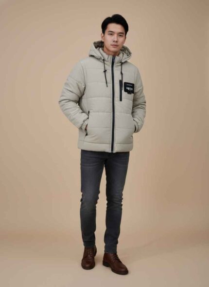 Front View: Gelani's light beige parachute jacket for men with a hooded puffer design and black zipper. Detail View: Close-up of the high-neck hood and adjustable drawstrings on the light beige winter coat. Pocket Detail: Secure zippered side pocket with contrast black trim on a men's light beige parachute jacket. Logo Detail: Modern branding patch on the chest of a stitched light beige winter puffer jacket. Cuff Detail: Elasticated cuffs and horizontal quilting on the sleeves of a men's winter parachute parka. parachute jacket for men