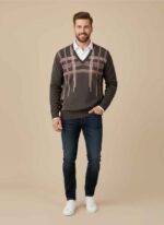 Black whool sweater for men with premium stitched texture Dark gray winter sweater for men by Gelani's brand Dark brown whool sweater for men in free size fit Close-up of premium whool fabric and stitched seams on winter wear Stylish men's whool sweater in black color for Pakistan winter