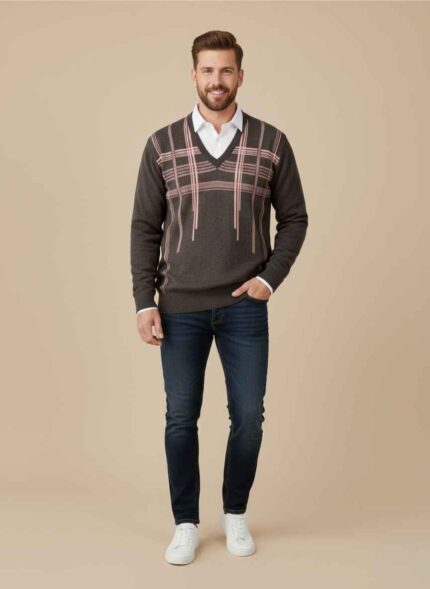 Black whool sweater for men with premium stitched texture Dark gray winter sweater for men by Gelani's brand Dark brown whool sweater for men in free size fit Close-up of premium whool fabric and stitched seams on winter wear Stylish men's whool sweater in black color for Pakistan winter
