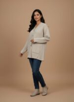 Close-up of a beige chunky knit sweater (cardigan style) with a V-neck, four brown buttons, and two large front patch pockets.