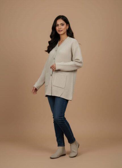 Close-up of a beige chunky knit sweater (cardigan style) with a V-neck, four brown buttons, and two large front patch pockets.