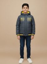 winter coat for men A full-zip, hooded blue and grey color-blocked puffer-style Nike winter coat for men with a chevron design.