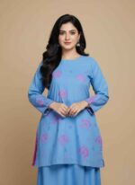 Women's light blue 2 piece hand painted cotton suit with magenta flowersClose-up of magenta hand-painted floral motifs on light blue cotton fabricFront view of light blue 2 pc suit with scattered hand-painted artArtisan-made hand-painted cotton suit for women in PakistanLight blue cotton trouser and shirt set with unique floral hand painting2 pc hand painted cotton suit Pakistan