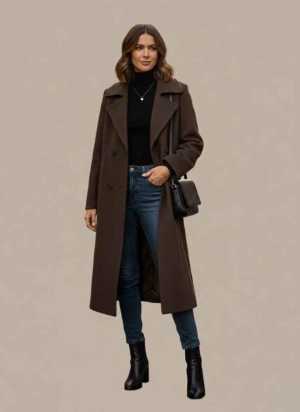 Gelani's brown long coat for women with double-breasted buttons and fleece fabric Sophisticated gray fleece long coat for women in Pakistan winter fashion Green stitched long coat for women available in sizes M to XXXL Close up of premium fleece material on a brown winter overcoat for ladies Elegant light skin long coat for women for formal winter events in Lahore long coat for women