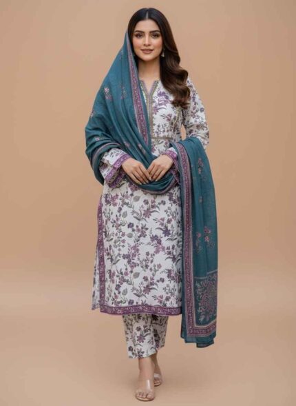 Bin Saeed ready-to-wear white and purple floral printed 3-piece Khaddar suit for women. Close-up of the Khaddar fabric texture showing the vibrant purple print and high-quality stitching detail. Full view of the elegant stitched Khaddar shirt with a traditional neckline and cuff design. Comfortable stitched Khaddar trouser in a matching or complementary solid color. Model shot or flat lay of the complete 3 PC Khaddar suit set with the matching shawl/dupatta. Bin Saeed 3 piece stitched khaddar suit