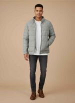 Main Front View: Gelani's gray parachute jacket for men featuring dual-pattern diamond and horizontal quilting. Detail View: Close-up of the diamond-stitched chest panels and stand-up collar with snap-button closure. Storage View: Vertical zippered side pockets on the men's gray parachute winter jacket. Sleeve Detail: Horizontal quilted sleeves and reinforced stitching on the men's gray winter puffer. Texture View: High-quality wind-resistant parachute fabric texture of the stitched parachute jacket for men. parachute jacket for men