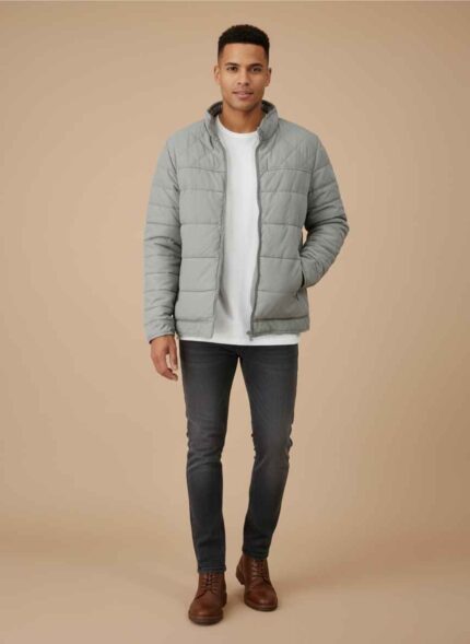 Main Front View: Gelani's gray parachute jacket for men featuring dual-pattern diamond and horizontal quilting. Detail View: Close-up of the diamond-stitched chest panels and stand-up collar with snap-button closure. Storage View: Vertical zippered side pockets on the men's gray parachute winter jacket. Sleeve Detail: Horizontal quilted sleeves and reinforced stitching on the men's gray winter puffer. Texture View: High-quality wind-resistant parachute fabric texture of the stitched parachute jacket for men. parachute jacket for men