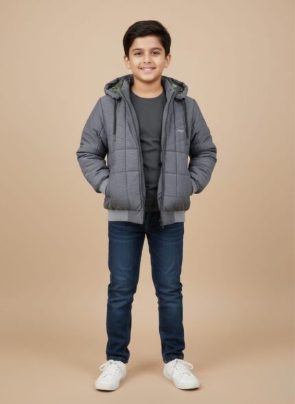 Nike hooded jacket Front view of a blue and grey color-blocked puffer-style Nike hooded jacket with a full black zipper.