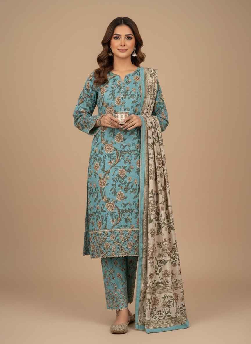 Bin Saeed Khaddar Stitched Suit Bin Saeed three-piece Khaddar suit set in light green and skin floral print. Close-up of the elegant floral print and border detailing on the Khaddar fabric. Stitched kameez (shirt) of the Khaddar suit with a round neckline and long sleeves. Folded matching Khaddar dupatta with a complementary floral design. Ready-to-wear winter Khaddar suit for women, displayed against a neutral background. Bin Saeed Khaddar Stitched Suit