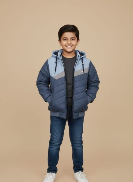 Nike puffer jacket Front view of a blue and grey color-blocked hooded Nike puffer jacket with a full zipper and swoosh logo.