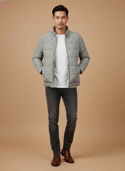 Main Front View: Gelani's light gray parachute jacket for men with diamond-quilted chest and horizontal puffer panels. Detail View: Close-up of the snap-button stand collar and quilted shoulder design on a men's gray winter jacket. Storage Detail: Secure vertical zippered side pockets on the light gray stitched parachute jacket for men. Back View: Full-length back view showing the consistent horizontal quilting of the men's winter puffer coat. Texture Shot: Premium weather-resistant parachute fabric weave on a light gray quilted winter jacket. parachute jacket for men