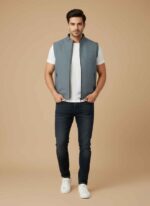 Sea green sleeve less jacket for men in stitched fleece by Gelani's Dark gray men's winter sleeveless vest with zipper front and pockets Premium fleece sleeve less jacket for men for Pakistan winter layering Stitched sea green fleece gilet for men with stand-up collar Front view of dark gray sleeve less jacket for men in size Large sleeve less jacket for men