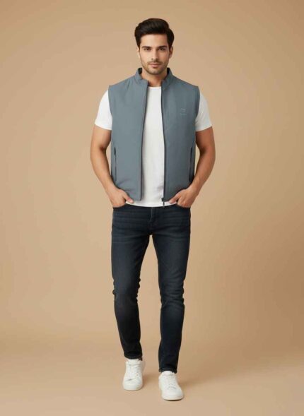 Sea green sleeve less jacket for men in stitched fleece by Gelani's Dark gray men's winter sleeveless vest with zipper front and pockets Premium fleece sleeve less jacket for men for Pakistan winter layering Stitched sea green fleece gilet for men with stand-up collar Front view of dark gray sleeve less jacket for men in size Large sleeve less jacket for men