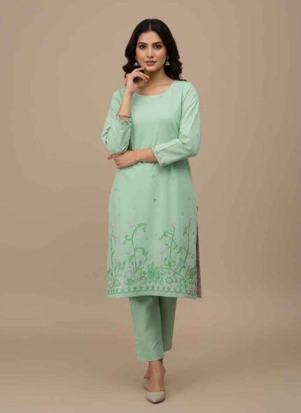 Parrot green cotton stitched shirt and trouser set for women by Gelani Close-up of floral hand painted details on a light green cotton suit Traditional Pakistani women's 2 piece summer cotton outfit in parrot green Gelani brand stitched summer wear collection for women in Pakistan Elegant hand painted floral motifs on a parrot green cotton shirt 2 pc hand painted suit