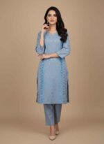 Gellani's gray hand paint 2 PC cotton suit for women summer wear Stitched gray cotton 2 piece suit with artistic hand painted motifs Breathable gray summer cotton suit for women in Pakistan by Gellani's Detailed view of hand painted floral patterns on a gray cotton stitched shirt Women's gray stitched cotton trouser and shirt set with artisanal painting Hand Paint 2 PC Cotton Suit