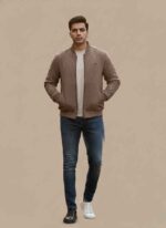 Men's skin color mix wool winter jacket with striped design Gelani's brand stitched skin jacket for men Pakistan winter wear Front view of two-tone beige and striped mix wool jacket for men Men's winter outerwear in skin tone with ribbed cuffs and hem Premium mix wool stitched jacket in skin color for plus size men skin jacket for men Pakistan