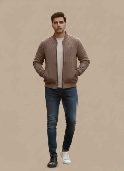 Men's skin color mix wool winter jacket with striped design Gelani's brand stitched skin jacket for men Pakistan winter wear Front view of two-tone beige and striped mix wool jacket for men Men's winter outerwear in skin tone with ribbed cuffs and hem Premium mix wool stitched jacket in skin color for plus size men skin jacket for men Pakistan