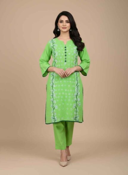 Parrot green hand painted cotton shirt with floral motifs Gelanis Stitched 2pc women cotton suit for Pakistani summer fashion Detailed view of handcrafted textile painting on green cotton fabric Relaxed fit free size women suit in breathable parrot green cotton Gelanis artisanal stitched summer collection for women in Pakistan hand painted stitched cotton suit