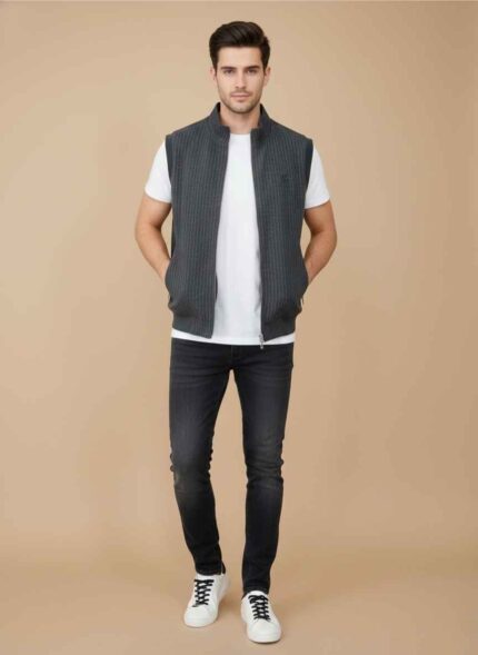 Men's black sleeve less wool jacket with vertical stripes Gelani's brand camel brown stitched wool vest for men Front view of a men's winter sleeve less jacket with zippered pockets Premium wool stitched waist coat for men in black color Sleeve less winter outerwear for men available in L and XL sizes sleeve less jacket for men