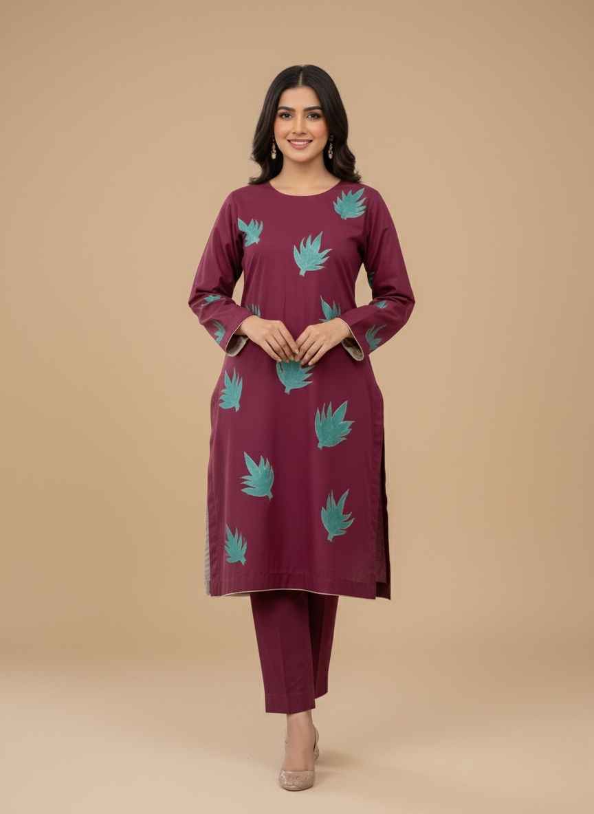 hand painted 2 pc cotton suit Gelani's maroon hand painted cotton shirt and trouser 2-piece set Detailed view of green leaf hand painting on maroon cotton fabric Stitched women's summer cotton suit in maroon with artisanal designs Ready to wear 2pc cotton suit for women in Pakistan summer Handcrafted ethnic wear for women featuring maroon and green floral art hand painted 2 pc cotton suit