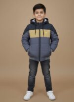 insulated puffer jacket A blue and grey color-blocked chevron-design insulated puffer jacket by Nike with a hood and black zipper.