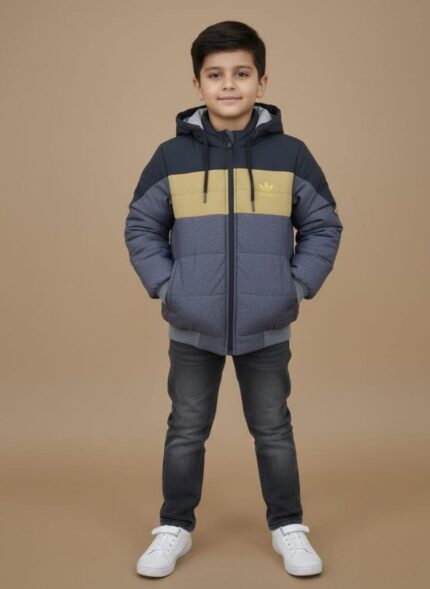 insulated puffer jacket A blue and grey color-blocked chevron-design insulated puffer jacket by Nike with a hood and black zipper.