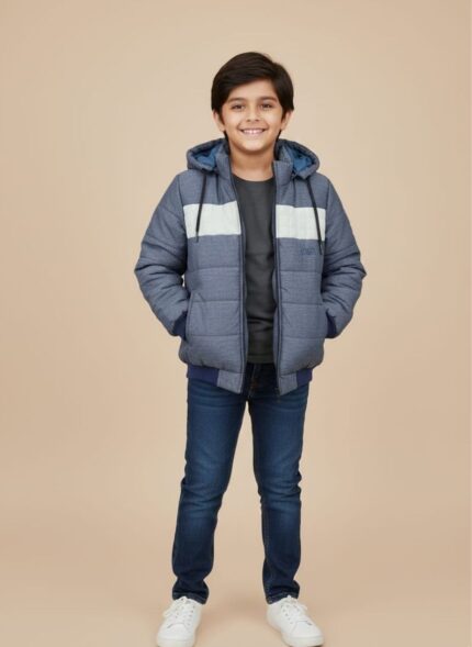 A blue and grey chevron-quilted ZARA blue puffer jacket with a full black zipper and fixed hood.