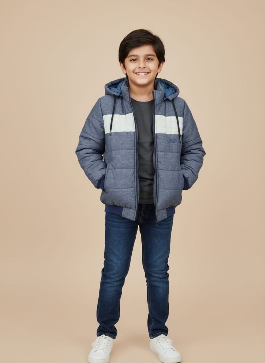 ZARA Blue Puffer Jacket with Hood | Warm Coat A blue and grey chevron-quilted ZARA blue puffer jacket with a full black zipper and fixed hood.