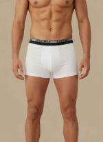 Front View: Gelani's white cotton underwear for men with a branded black and gray elastic waistband. Waistband Detail: Close-up of the reinforced elastic waistband on the premium men's white cotton boxer briefs. Stitching Detail: High-quality flatlock stitched seams on the comfortable cotton underwear for men. Fabric Texture: Breathable 100% cotton fabric texture of the men's winter base layer underwear. Multi-pack View: Pack of black, gray, and white cotton underwear for men available in sizes S to XL. cotton underwear for men