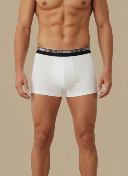 Front View: Gelani's white cotton underwear for men with a branded black and gray elastic waistband. Waistband Detail: Close-up of the reinforced elastic waistband on the premium men's white cotton boxer briefs. Stitching Detail: High-quality flatlock stitched seams on the comfortable cotton underwear for men. Fabric Texture: Breathable 100% cotton fabric texture of the men's winter base layer underwear. Multi-pack View: Pack of black, gray, and white cotton underwear for men available in sizes S to XL. cotton underwear for men