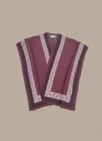 Maroon women cap shawl with geometric border, knit cape-style winter wrap.