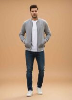 Front view of Gelani's gray fleece jacket for men on a neutral background. Close-up of the high-quality stitching on a men's gray winter jacket. Stylish gray jacket for men showing the smooth zipper and collar detail. Plus size winter fleece jacket for men in size 4XL gray color. Gelani's branded gray winter jacket for men suitable for the Pakistan climate. gray jacket for men