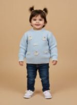 Baby Blue Knit Sweater with bear and bow details, displayed on a neutral background. Ideal for baby and toddler clothing.