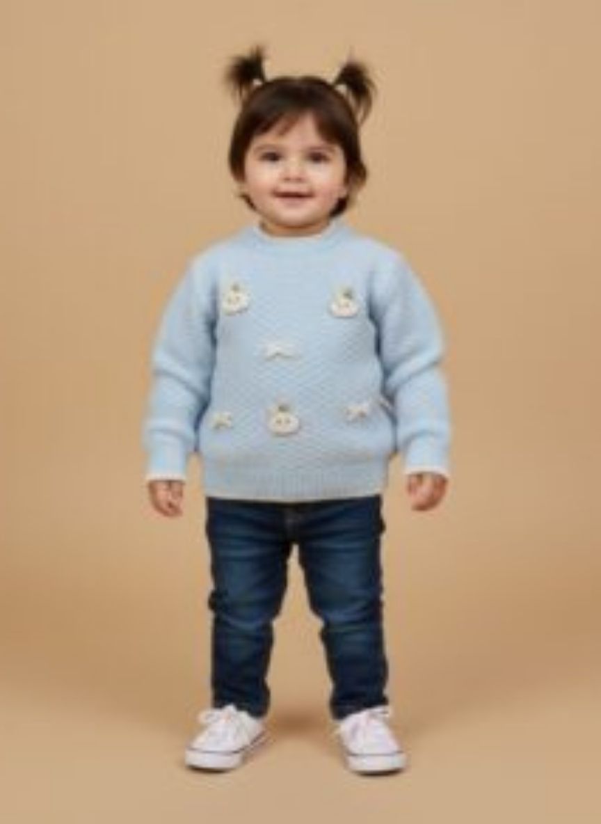 Shop Baby Blue Knit Sweater | Soft Infant & Toddler Tops Baby Blue Knit Sweater with bear and bow details, displayed on a neutral background. Ideal for baby and toddler clothing.