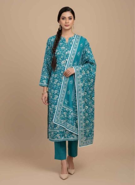 Women's teal blue 3 piece unstitched khaddar suit by Pehnawa by Palwasha Close-up texture of premium winter khaddar fabric in teal blue Unstitched 3 piece winter collection for women in Pakistan Teal blue khaddar shirt and trouser fabric with matching dupatta Pehnawa by Palwasha authentic unstitched winter wear for ladies 3 unstitched khaddar suit