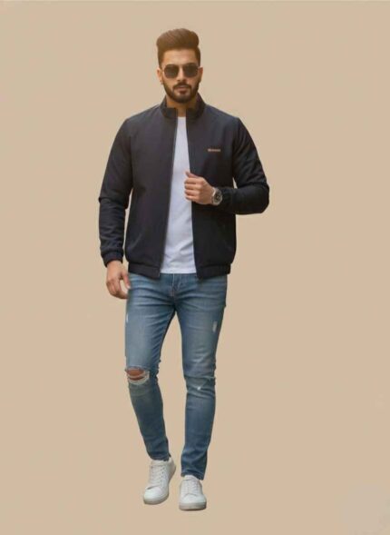 Men’s black parachute winter jacket front view Gelani’s stitched winter jacket for men Full zip black winter jacket men Lightweight parachute fabric winter jacket Stylish black men’s jacket for cold weather black jacket for men