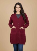 Maroon women's button-down wool cardigan with pockets Textured hem detail on a black rabbit wool winter sweater Skin colored stitched wool sweater for women front view Tea pink premium winter sweater for women by Gelani's Brown rabbit wool sweater free size for women Pakistan winter Rabbit Wool Sweater