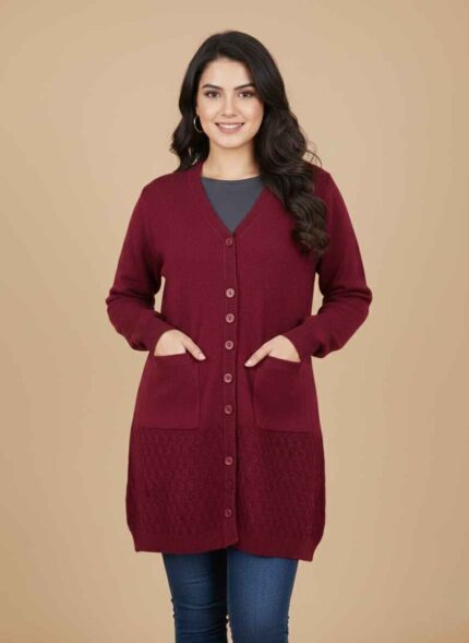 Maroon women's button-down wool cardigan with pockets Textured hem detail on a black rabbit wool winter sweater Skin colored stitched wool sweater for women front view Tea pink premium winter sweater for women by Gelani's Brown rabbit wool sweater free size for women Pakistan winter Rabbit Wool Sweater