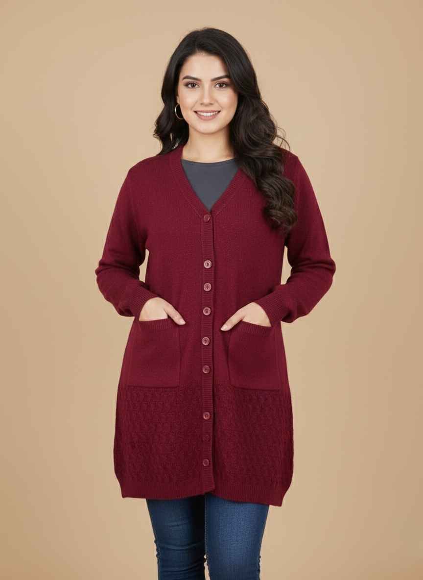 Maroon women's button-down wool cardigan with pockets Textured hem detail on a black rabbit wool winter sweater Skin colored stitched wool sweater for women front view Tea pink premium winter sweater for women by Gelani's Brown rabbit wool sweater free size for women Pakistan winter Rabbit Wool Sweater