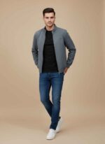 Men’s gray wool winter jacket front view Gelani’s stitched wool jacket for winter Full zip gray men’s winter jacket Wool fabric jacket for cold weather Stylish gray jacket for men winter wear gray jacket for men