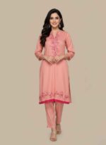 Women's peach 2 piece hand painted cotton suit with neck embroideryClose-up of hand-painted floral motifs on peach cotton shirtArtisanal hand painted 2 piece ethnic wear for ladies PakistanArtisanal hand painted 2 piece ethnic wear for ladies Pakistan Pure cotton hand painted women's suit for casual wear in Pakistan2 pc hand painted cotton suit Pakistan