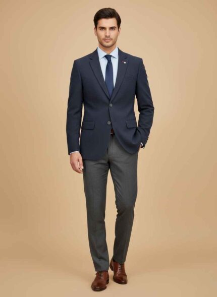 Men’s blue wool winter coat front view Gelani’s stitched formal winter coat Blue wool coat for men formal wear Button-front winter coat for men Elegant men’s blue coat for cold weather blue coat for men