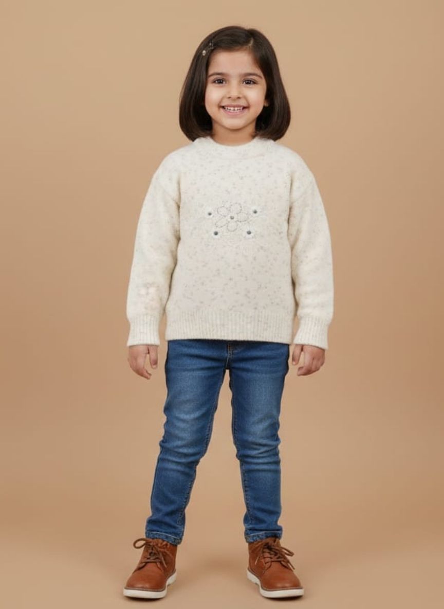 baby girl Embroidered Cream Sweater - view of a Baby girl round-neck embroidered cream sweater with speckles, featuring white floral embroidery and silver bead embellishments on the chest.