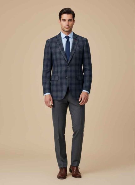 Men’s dark blue wool dress coat front view Gelani’s stitched formal winter coat Dark blue formal coat for winter wear Wool dress coat for men formal style Elegant dark blue men’s winter coat dark blue dress coat for men