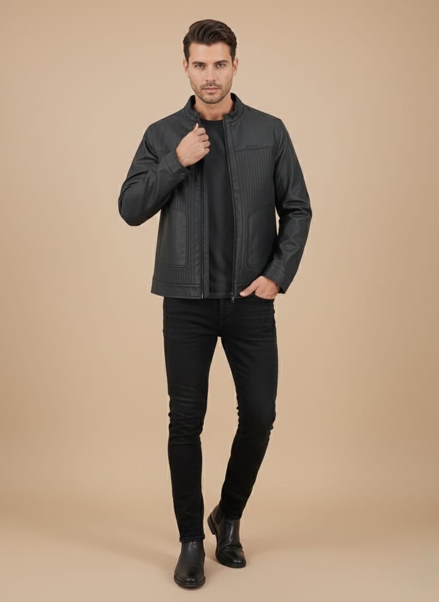 Untitled deBuy Men's Black Biker Jacket | Full-Zip Quilted Designsign (78) Close-up of a new Men's Black Biker Jacket displayed flat, showing the stand collar, full zipper, and intricate vertical quilted details on the chest and two front stitched pockets.