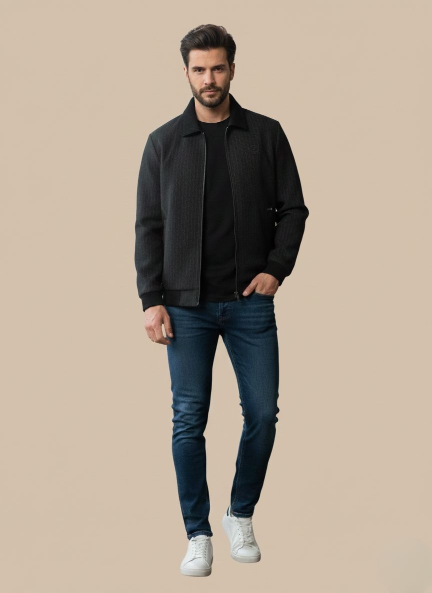 Men's Pinstripe Jacket - Charcoal Stylish Outerwear Close-up view of a dark charcoal/black Men's Pinstripe Jacket with vertical pinstripes, featuring a zip-up front, textured collar, and zippered pockets.