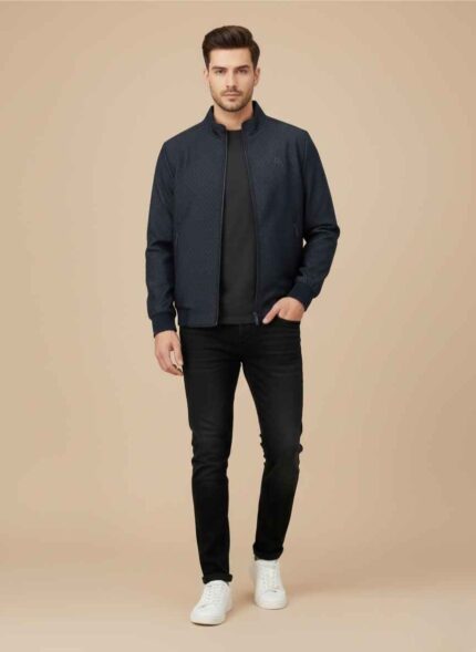 Front view of Gelani's black jacket for men in mix wool fabric. Close-up of the diamond-textured pattern on a winter black jacket for men Stylish men's black winter jacket with zippered pockets and mock neck. Gelani's branded stitched black jacket for men winter collection. Premium men's winter outerwear in black mix wool for Pakistan weather. black jacket for men