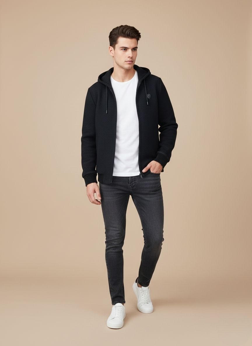 Men's Black Hooded Quilted Jacket | Textured Knit Design Full view of a new Men's Black Hooded Quilted Jacket displayed flat on a blue surface, showing the attached hood, full zipper, black ribbed cuffs and hem, and the all-over textured/quilted fabric pattern.