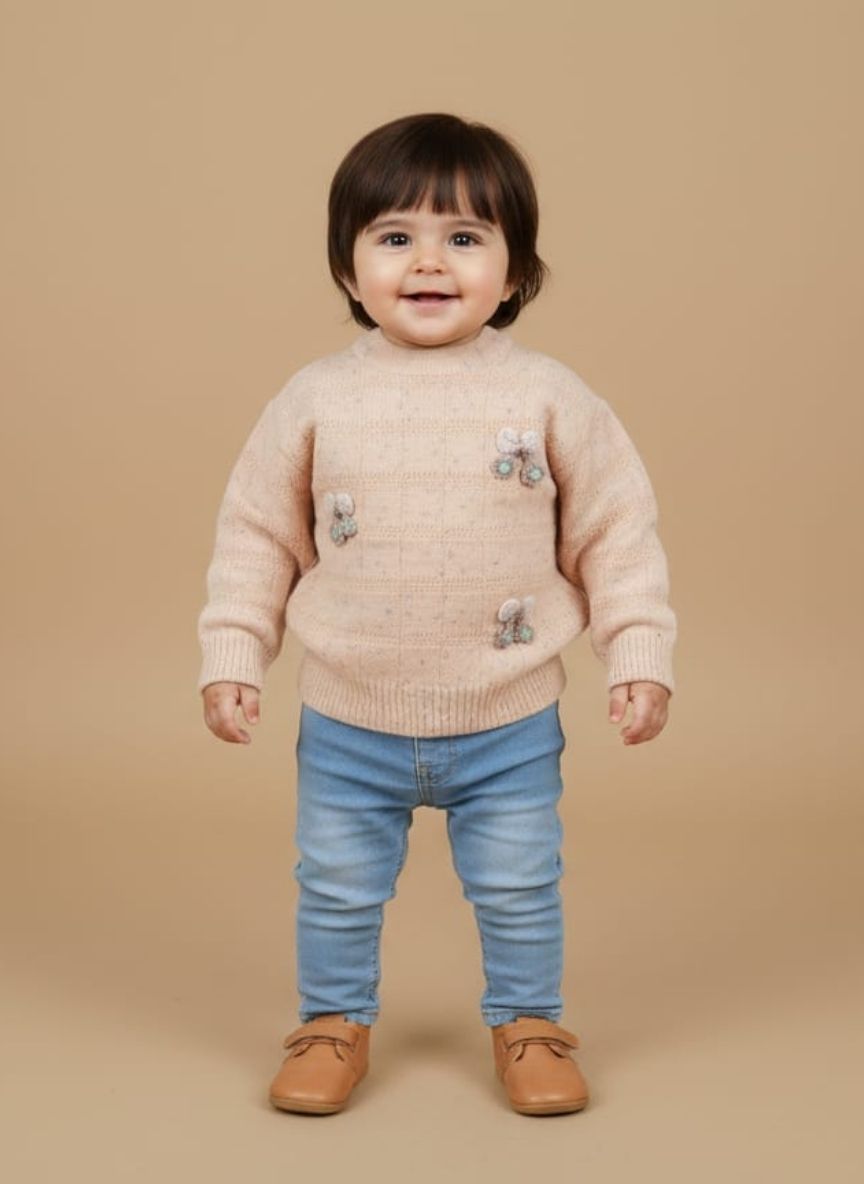 Pink Knitted Sweater | Cozy Appliqué Light pink knitted sweater with a subtle checkered pattern, speckled yarn, mock neck, and three decorative white and mint-green floral appliqués on the chest.